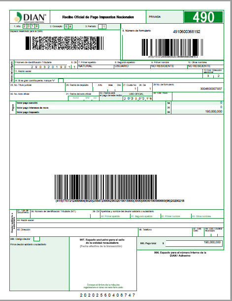 Imagen de apoyo de  Se modifica el instructivo del Formulario numero 490 Recibo Oficial de Pago Impuestos Nacionales para el cumplimiento de las obligaciones tributarias en el ao 2020