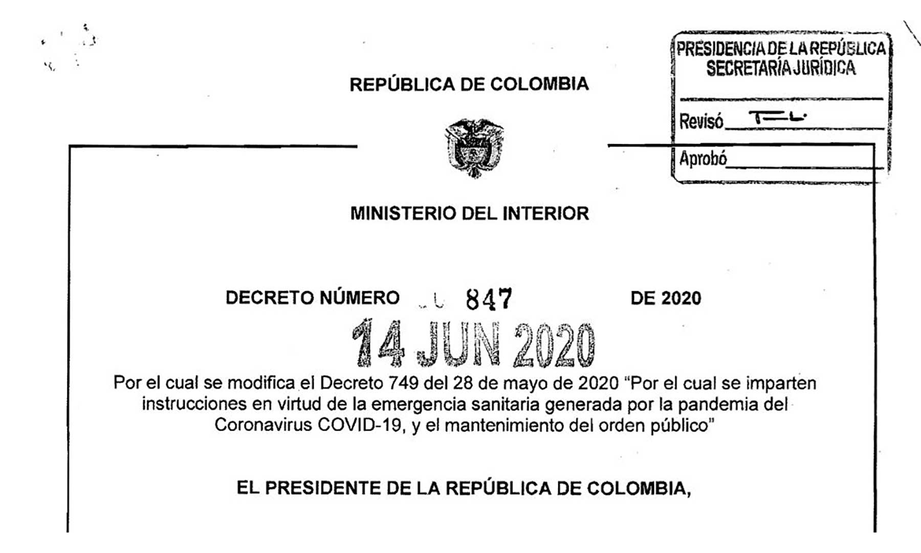 Imagen de apoyo de  Gobierno expide el Decreto 847 mediante el cual dicta nuevas disposiciones para el Aislamiento Preventivo Obligatorio
