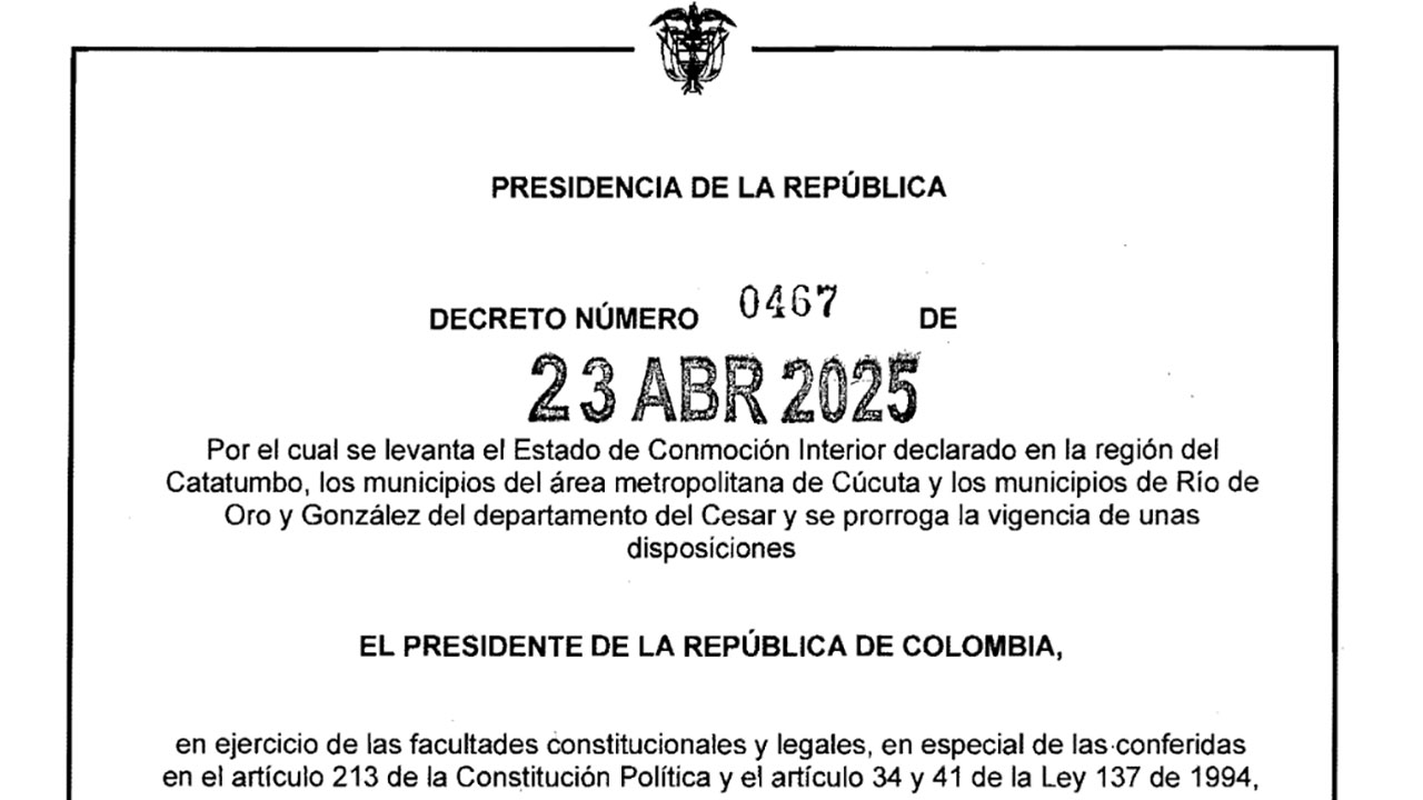 Imagen de apoyo de  Gobierno levanta la Conmocion Interior en el Catatumbo y extiende medidas transitorias por 90 dias