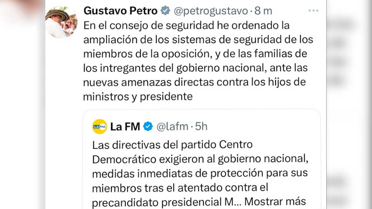 Imagen de apoyo de  Presidente Petro ordena reforzar la seguridad de funcionarios y denuncia amenazas contra hijos de miembros del Gobierno y miembros de la oposicion
